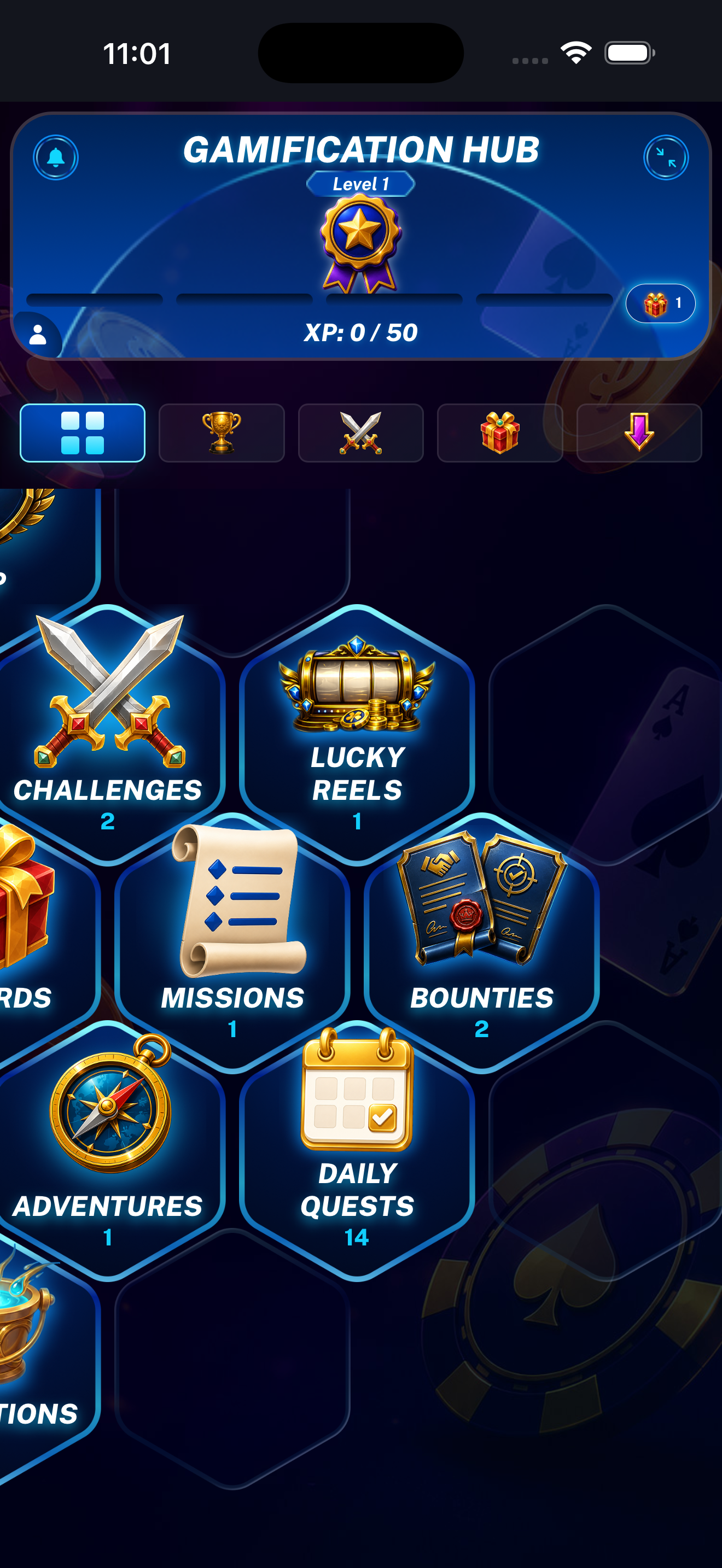 Widgets overview showing the count of incomplete available Quests